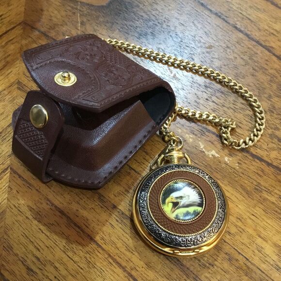 Franklin Mint Pocket Watch Bald Eagle Quartz Gold Case / Needs New Battery - Picture 1 of 16